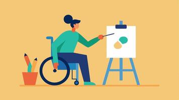 Art and Creativity A creative person with a physical disability painting on a canvas positioned at a wheelchairfriendly height showcasing their talent in an art studio.. vector