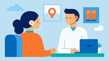 Cochlear Implant Consultation An image depicting a doctor discussing cochlear implant options with a patient in an office setting underscoring the consultation process.. vector