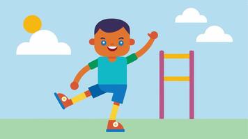Child with Prosthetic Leg A cheerful child with a colorful prosthetic leg playing on a playground symbolizing the joy of active play and inclusion.. vector