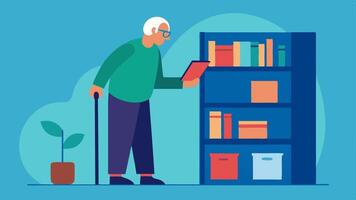 At Home with Canes A cozy indoor scene where a senior is reaching for a book on a high shelf with the help of a sy cane showcasing independence in daily activities.. vector