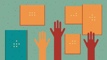 Braille Wall Panels A series of textured wall panels featuring raised shapes and Braille text encouraging touch and exploration. Hands reaching out to feel the varying textures.. vector