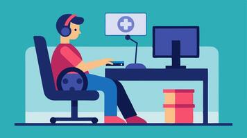 Adaptive Gaming Chair An individual with a spinal cord injury is comfortably seated in an ergonomic gaming chair at a desk using a specialized joystick and adaptive controller to. vector