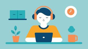 Focus Sessions A person with ADHD uses noisecanceling headphones and a timer app on their tablet to maintain focus while working from home surrounded by a tidy and minimalistic. vector