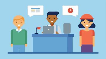 Friendly Customer Service Show a customer service desk with a kiosk offering multilingual assistance where diverse travelers are receiving help.. vector
