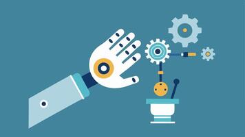Complex Assembly A bionic hand assembling small mechanical parts demonstrating its precision in aligning gears under a focused light.. vector