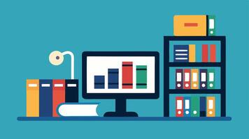 Accessible Library Resources A depicting a library with accessible shelves large print books and a digital screen showing resources for students with disabilities.. vector