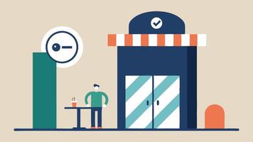 Elevator Access An illustration of a cafe with an elevator symbol indicating access to upper levels and a customer using the elevator.. vector