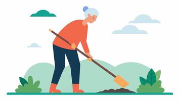 Digging Tools A scene demonstrating a senior using a longhandled shovel to dig in a raised garden bed showcasing tools designed for ease of use.. vector