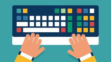 Adaptive Keyboard A closeup of a unique keyboard with large colorcoded keys in a workplace setting with a hand hovering above it ready to type.. vector
