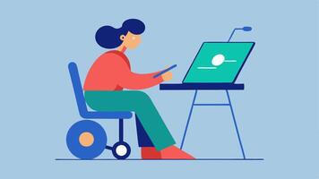 Creative Workspace An artist with a physical disability uses a touchscreen drawing tablet while seated in an adaptive chair showcasing their creativity through digital. vector