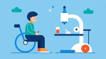 Adaptive Lab Equipment An illustration of a microscope with an ergonomic design positioned next to a student in a wheelchair who is observing a slide with excitement.. vector