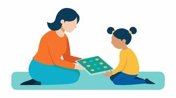 Family Interaction A parent sitting on the floor with a child both engaged with a Braille display illustrating family bonding through shared reading experiences.. vector