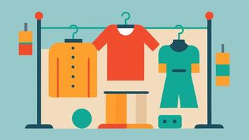 Adaptive Clothing Rack A clothing rack featuring various adaptive clothing items with tags that highlight features like magnetic closures and adjustable sizing all showcased in a. vector