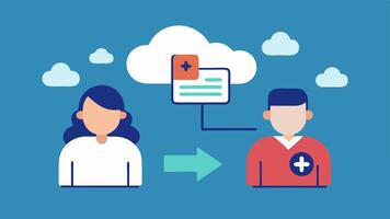Data Sharing Capabilities An illustration of a user sharing health data with a healthcare provider through the app depicted with arrows and a cloud symbol to imply data transfer.. vector