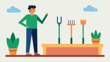 Adaptive Tools A collection of adaptive gardening tools including ergonomic handles and longreach grabbers displayed on a wooden table beside a garden bed with a gardener preparing. vector