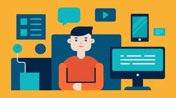 Assistive Technology A workstation featuring various assistive technology devices like screen readers and speechtotext software with an employee using them.. vector