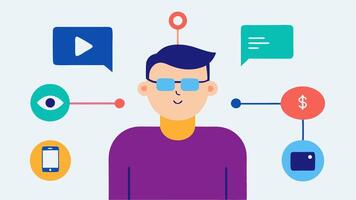Adaptive Technology A depiction of a person with a disability using a specialized device like a mouth stick or eye tracker to interact with social media showcasing the use of. vector