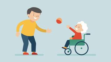 Game of Catch A senior sitting in a wheelchair tossing a beach ball to a young child both of them laughing and enjoying the playful moment.. vector