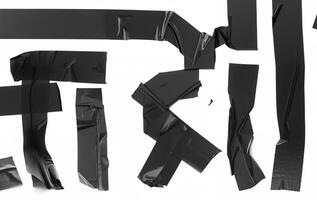 Various pieces of black duct tape in different shapes and sizes isolated on a white background, ideal for design, repair, or DIY projects. photo