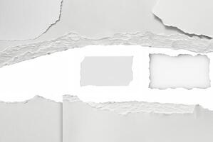 A close-up of torn paper with rough ripped edges, creating a blank white space in the center. Ideal for text insertion or creative design projects. photo