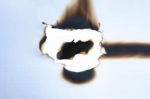 A burnt hole in white paper with irregular scorched edges and slight smoke marks, ideal for use in design projects or as a texture element. photo