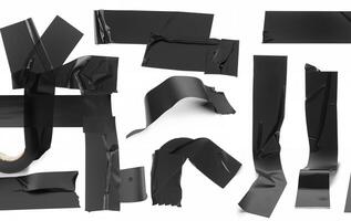 Various pieces of black duct tape in different shapes and sizes isolated on a white background, ideal for design, repair, or DIY projects. photo