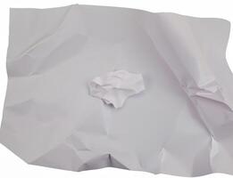 A crumpled sheet of white paper with deep folds and wrinkles, isolated on a plain white background. photo