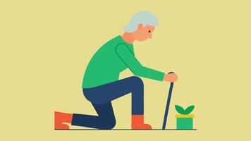 Adaptive Kneeler An image of a senior utilizing a soft kneeler with handles for support while tending to plants reducing strain on the knees and back.. vector