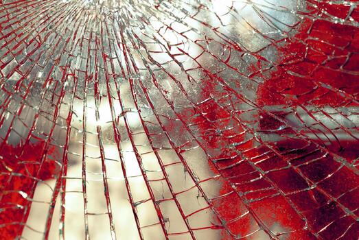 Close-up of shattered glass with red background and sunlight creating sharp reflections. photo