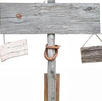 A rustic, weathered wooden signboard on a pole with visible cracks and aged wood texture, isolated on white background. photo