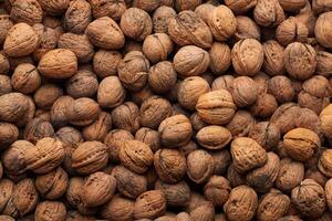 Close-up of a large pile of whole walnuts in their shells, showing a natural and organic texture. photo