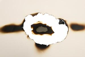 Paper with a burnt hole and charred edges, isolated on a white background, ideal for creative or design projects. photo