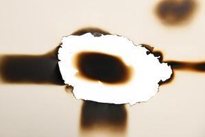 Paper with a burnt hole and charred edges, isolated on a white background, ideal for creative or design projects. photo