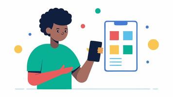 Color Blind Friendly App A user interacting with a smartphone displaying an app interface designed with colorblindfriendly colors. Icons have clear labels and shapes.. vector