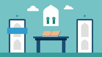 Accessible Worship Guides A table in a mosque with worship guides available in multiple formatslarge print braille and digital QR codes for easy access to materials for different. vector
