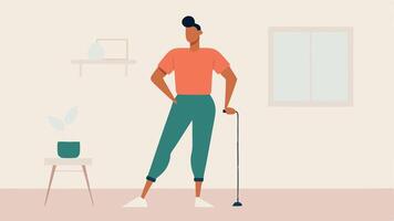 Casual Chic A stylish model using crutches wearing a relaxedfit shirt with a curved hem and stylish joggers posed against a minimalist chic room setting.. vector