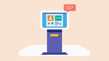 Accessibility Information Kiosk An illustration of a digital information kiosk with a touchscreen featuring a voice output option and large print text accessible for users with. vector