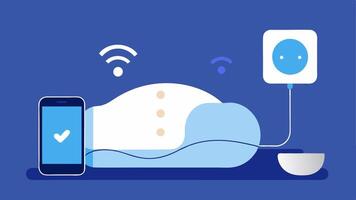 Adaptive Sleep Tracker An illustration of a pillow with a small sensor attached linked to a smartphone displaying sleep quality metrics catering to users with sleep disorders.. vector