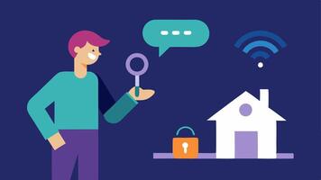 Finding Lost Items A person is searching for their keys speaking to a voice assistant that displays a prompt to help locate items in the house.. vector