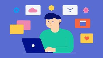Assistive Technology A remote worker with a cognitive disability uses a tablet with colorful icons on a touch screen to organize their tasks. Sticky notes with reminders are tered. vector