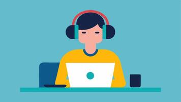 Customized NoiseCanceling Headphones An illustration of an employee using noisecanceling headphones while working at their desk emphasizing options for auditory sensitivity.. vector