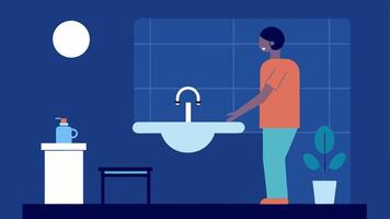 Automated Bathroom A person standing at the sink using a voice command to turn on the faucet and mirror lights illustrating ease of access in a bathroom designed for inclusivity.. vector