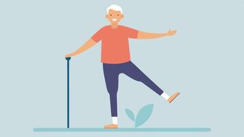 Balance Exercises with Cane A senior practicing balance exercises at home holding onto a cane while standing on one leg emphasizing physical wellness.. vector