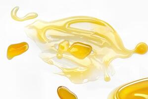 Close-up of a golden honey drizzle isolated on a white background. Smooth texture and glossy shine, perfect for food, cooking, and skincare concepts. photo