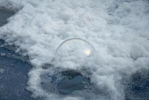 Close-up of white foam and bubbles floating on water surface, perfect for backgrounds, texture, or environmental concepts. photo