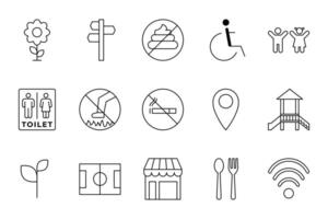 A set of icons for a park, including a toilet, a park bench, a playground, and a map vector