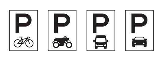 Four parking signs with different vehicles on them. The signs are black and white. The signs are placed in a row vector