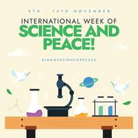 International week of science and peace banner. 9-15th november Science and peace week celebration banner with microscope, beakers, flasks, dove, planets on a table in lab vector