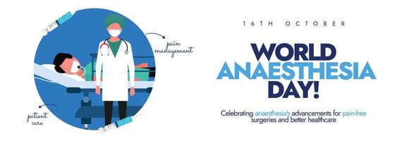 16 October Anaesthesia day banner with patient in OT with an anesthetist. The day remember the first successful demonstration of diethyl ether anaesthesia vector