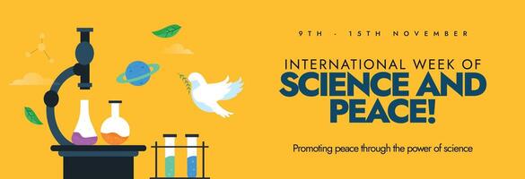 November Science and peace week celebration cover banner with microscope, flasks, beakers, dove. vector